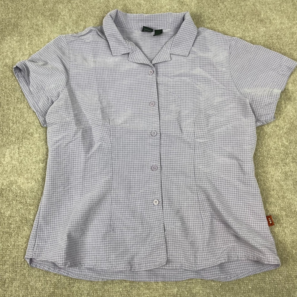 REI Shirt Womens Medium Lilac Gingham Button Front Camp Collar Short Sleeve